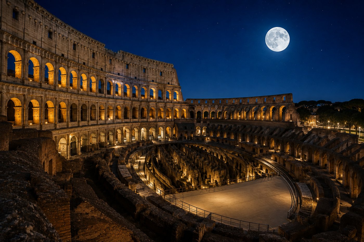 El Coliseo amplía sus visitas nocturnas: recorre la arena y los subterráneos bajo la luna